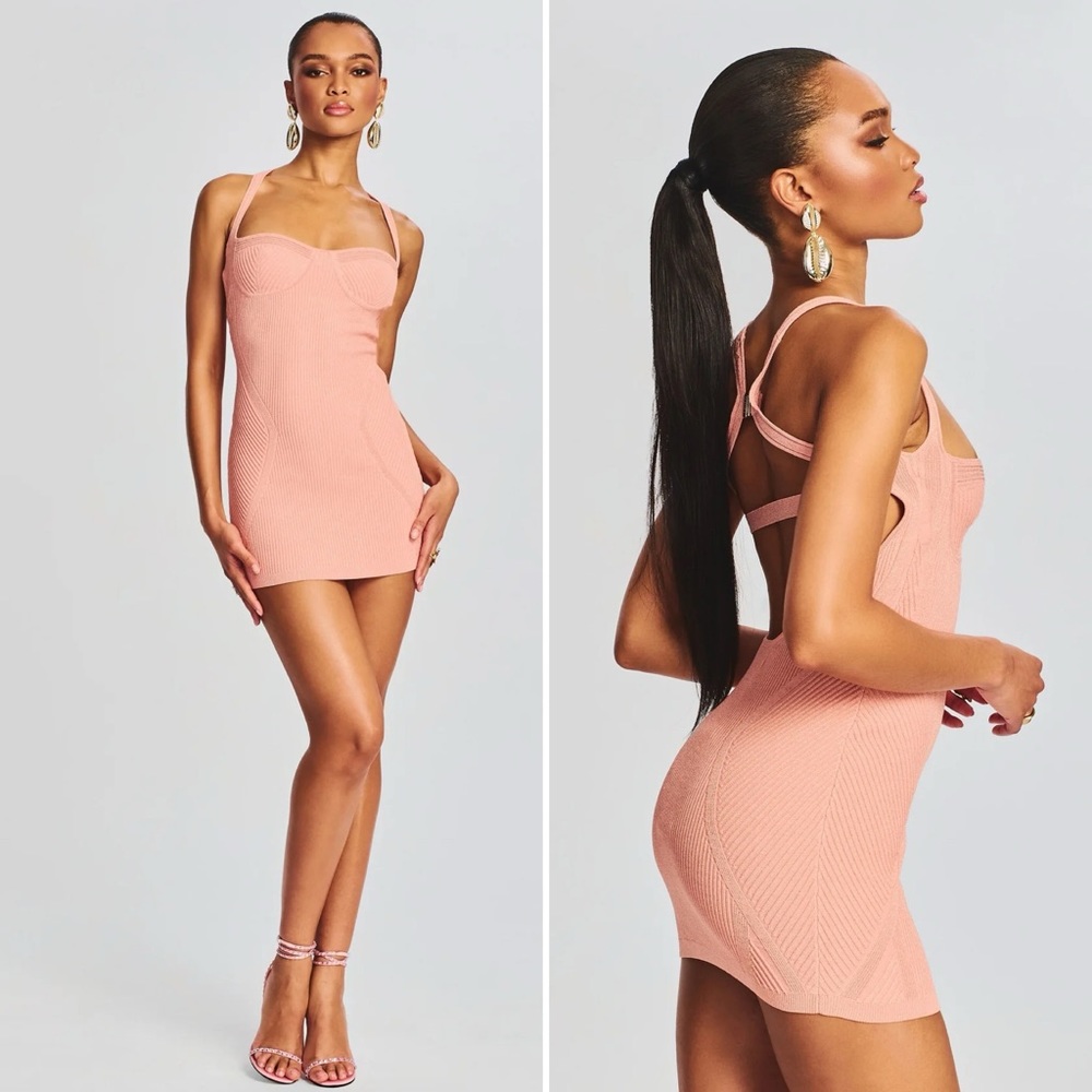 RETROFETE Sumner Dress Dusty Orange Peach Gold Mini Bandage Stretch Size XS